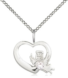 [4206SS-STN4/18SS] Sterling Silver Heart / Guardian Angel Pendant with a 3mm Crystal Swarovski stone on a 18 inch Sterling Silver Light Curb chain