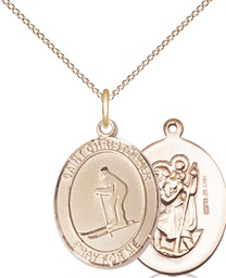 [8193GF/18GF] 14kt Gold Filled Saint Christopher Skiing Pendant on a 18 inch Gold Filled Light Curb chain