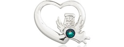 [4206SS-STN5] Sterling Silver Heart / Guardian Angel Medal with a 3mm Emerald Swarovski stone