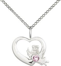 [4206SS-STN6/18SS] Sterling Silver Heart / Guardian Angel Pendant with a 3mm Light Amethyst Swarovski stone on a 18 inch Sterling Silver Light Curb chain