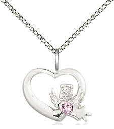 [4206SS-STN6/18SS] Sterling Silver Heart / Guardian Angel Pendant with a 3mm Light Amethyst Swarovski stone on a 18 inch Sterling Silver Light Curb chain