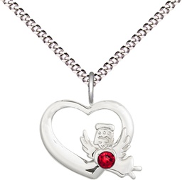 [4206SS-STN7/18S] Sterling Silver Heart / Guardian Angel Pendant with a 3mm Ruby Swarovski stone on a 18 inch Light Rhodium Light Curb chain