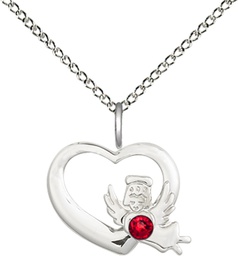 [4206SS-STN7/18SS] Sterling Silver Heart / Guardian Angel Pendant with a 3mm Ruby Swarovski stone on a 18 inch Sterling Silver Light Curb chain