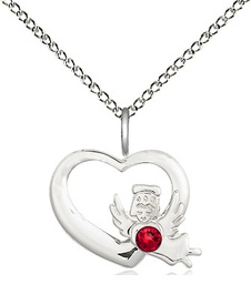 [4206SS-STN7/18SS] Sterling Silver Heart / Guardian Angel Pendant with a 3mm Ruby Swarovski stone on a 18 inch Sterling Silver Light Curb chain