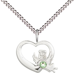 [4206SS-STN8/18S] Sterling Silver Heart / Guardian Angel Pendant with a 3mm Peridot Swarovski stone on a 18 inch Light Rhodium Light Curb chain