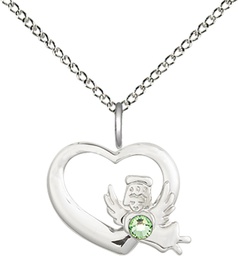 [4206SS-STN8/18SS] Sterling Silver Heart / Guardian Angel Pendant with a 3mm Peridot Swarovski stone on a 18 inch Sterling Silver Light Curb chain