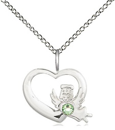 [4206SS-STN8/18SS] Sterling Silver Heart / Guardian Angel Pendant with a 3mm Peridot Swarovski stone on a 18 inch Sterling Silver Light Curb chain