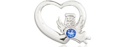 [4206SS-STN9] Sterling Silver Heart / Guardian Angel Medal with a 3mm Sapphire Swarovski stone