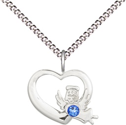 [4206SS-STN9/18S] Sterling Silver Heart / Guardian Angel Pendant with a 3mm Sapphire Swarovski stone on a 18 inch Light Rhodium Light Curb chain