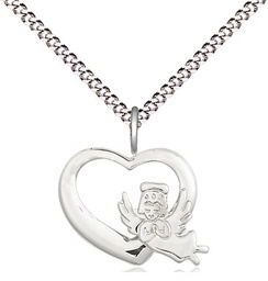 [4206SS/18S] Sterling Silver Heart Guardian Angel Pendant on a 18 inch Light Rhodium Light Curb chain