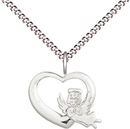 [4206SS/18S] Sterling Silver Heart Guardian Angel Pendant on a 18 inch Light Rhodium Light Curb chain