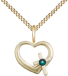 [4207GF-STN5/18G] 14kt Gold Filled Heart / Cross Pendant with a 3mm Emerald Swarovski stone on a 18 inch Gold Plate Light Curb chain