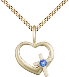 [4207GF-STN9/18G] 14kt Gold Filled Heart / Cross Pendant with a 3mm Sapphire Swarovski stone on a 18 inch Gold Plate Light Curb chain