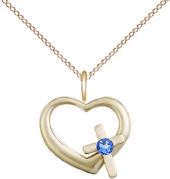 [4207GF-STN9/18GF] 14kt Gold Filled Heart / Cross Pendant with a 3mm Sapphire Swarovski stone on a 18 inch Gold Filled Light Curb chain