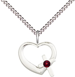 [4207SS-STN1/18S] Sterling Silver Heart / Cross Pendant with a 3mm Garnet Swarovski stone on a 18 inch Light Rhodium Light Curb chain