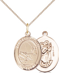[8196GF/18GF] 14kt Gold Filled Saint Christopher Fishing Pendant on a 18 inch Gold Filled Light Curb chain