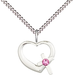 [4207SS-STN10/18S] Sterling Silver Heart / Cross Pendant with a 3mm Rose Swarovski stone on a 18 inch Light Rhodium Light Curb chain