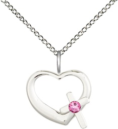 [4207SS-STN10/18SS] Sterling Silver Heart / Cross Pendant with a 3mm Rose Swarovski stone on a 18 inch Sterling Silver Light Curb chain