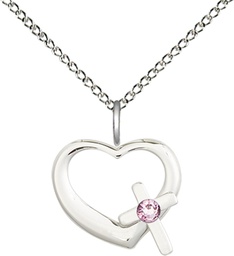 [4207SS-STN6/18SS] Sterling Silver Heart / Cross Pendant with a 3mm Light Amethyst Swarovski stone on a 18 inch Sterling Silver Light Curb chain