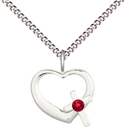 [4207SS-STN7/18S] Sterling Silver Heart / Cross Pendant with a 3mm Ruby Swarovski stone on a 18 inch Light Rhodium Light Curb chain