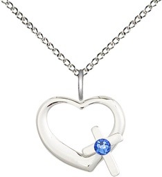 [4207SS-STN9/18SS] Sterling Silver Heart / Cross Pendant with a 3mm Sapphire Swarovski stone on a 18 inch Sterling Silver Light Curb chain