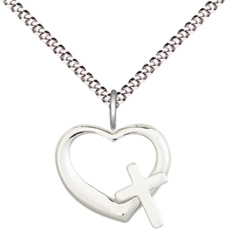 [4207SS/18S] Sterling Silver Heart Cross Pendant on a 18 inch Light Rhodium Light Curb chain