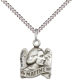 [4210SS/18S] Sterling Silver Saint Matthew Pendant on a 18 inch Light Rhodium Light Curb chain