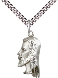 [4215SS/24S] Sterling Silver Christ Head Pendant on a 24 inch Light Rhodium Heavy Curb chain