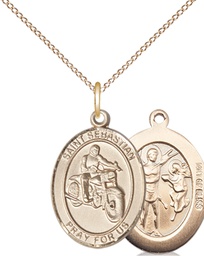 [8197GF/18GF] 14kt Gold Filled Saint Sebastian Motorcycle Pendant on a 18 inch Gold Filled Light Curb chain