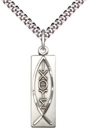 [4220SS/24S] Sterling Silver Fish Pendant on a 24 inch Light Rhodium Heavy Curb chain