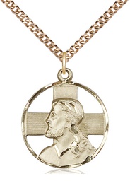 [4221GF/24GF] 14kt Gold Filled Head of Christ Pendant on a 24 inch Gold Filled Heavy Curb chain