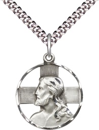 [4221SS/24S] Sterling Silver Head of Christ Pendant on a 24 inch Light Rhodium Heavy Curb chain