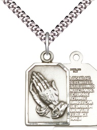 [4223SS/24S] Sterling Silver Praying Hands Pendant on a 24 inch Light Rhodium Heavy Curb chain