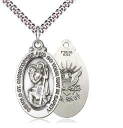 [4145SS6/24S] Sterling Silver Saint Christopher Navy Pendant on a 24 inch Light Rhodium Heavy Curb chain