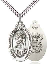 [4145SS6/24S] Sterling Silver Saint Christopher Navy Pendant on a 24 inch Light Rhodium Heavy Curb chain