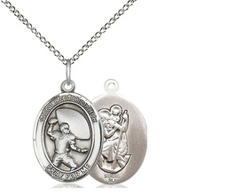 [8501SS/18SS] Sterling Silver Saint Christpher Football Pendant on a 18 inch Sterling Silver Light Curb chain