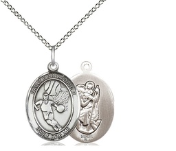 [8502SS/18SS] Sterling Silver Saint Christopher Basketball Pendant on a 18 inch Sterling Silver Light Curb chain
