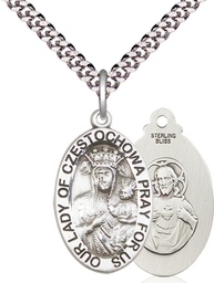 [6093SS/24S] Sterling Silver Our Lady of Czestochowa Pendant on a 24 inch Light Rhodium Heavy Curb chain