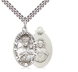 [6093SS/24S] Sterling Silver Our Lady of Czestochowa Pendant on a 24 inch Light Rhodium Heavy Curb chain