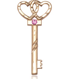 [6212GF-STN10] 14kt Gold Filled Key w/Double Hearts Medal with a 3mm Rose Swarovski stone