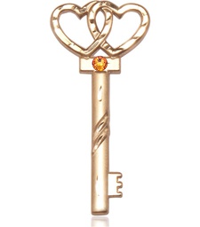 [6212GF-STN11] 14kt Gold Filled Key w/Double Hearts Medal with a 3mm Topaz Swarovski stone