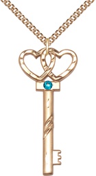 [6212GF-STN12/24GF] 14kt Gold Filled Key w/Double Hearts Pendant with a 3mm Zircon Swarovski stone on a 24 inch Gold Filled Heavy Curb chain