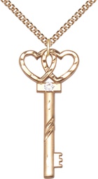 [6212GF-STN4/24GF] 14kt Gold Filled Key w/Double Hearts Pendant with a 3mm Crystal Swarovski stone on a 24 inch Gold Filled Heavy Curb chain