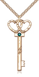 [6212GF-STN5/24GF] 14kt Gold Filled Key w/Double Hearts Pendant with a 3mm Emerald Swarovski stone on a 24 inch Gold Filled Heavy Curb chain