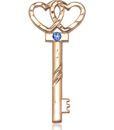 [6212GF-STN9] 14kt Gold Filled Key w/Double Hearts Medal with a 3mm Sapphire Swarovski stone