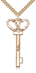 [6212GF/24G] 14kt Gold Filled Key w/Double Hearts Pendant on a 24 inch Gold Plate Heavy Curb chain