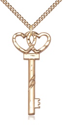 [6212GF/24GF] 14kt Gold Filled Key w/Double Hearts Pendant on a 24 inch Gold Filled Heavy Curb chain