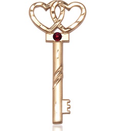 [6212KT-STN1] 14kt Gold Key w/Double Hearts Medal with a 3mm Garnet Swarovski stone