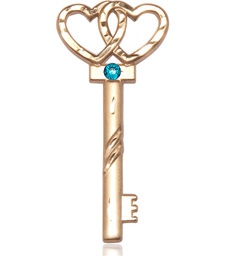 [6212KT-STN12] 14kt Gold Key w/Double Hearts Medal with a 3mm Zircon Swarovski stone