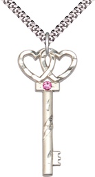 [6212SS-STN10/24S] Sterling Silver Key w/Double Hearts Pendant with a 3mm Rose Swarovski stone on a 24 inch Light Rhodium Heavy Curb chain